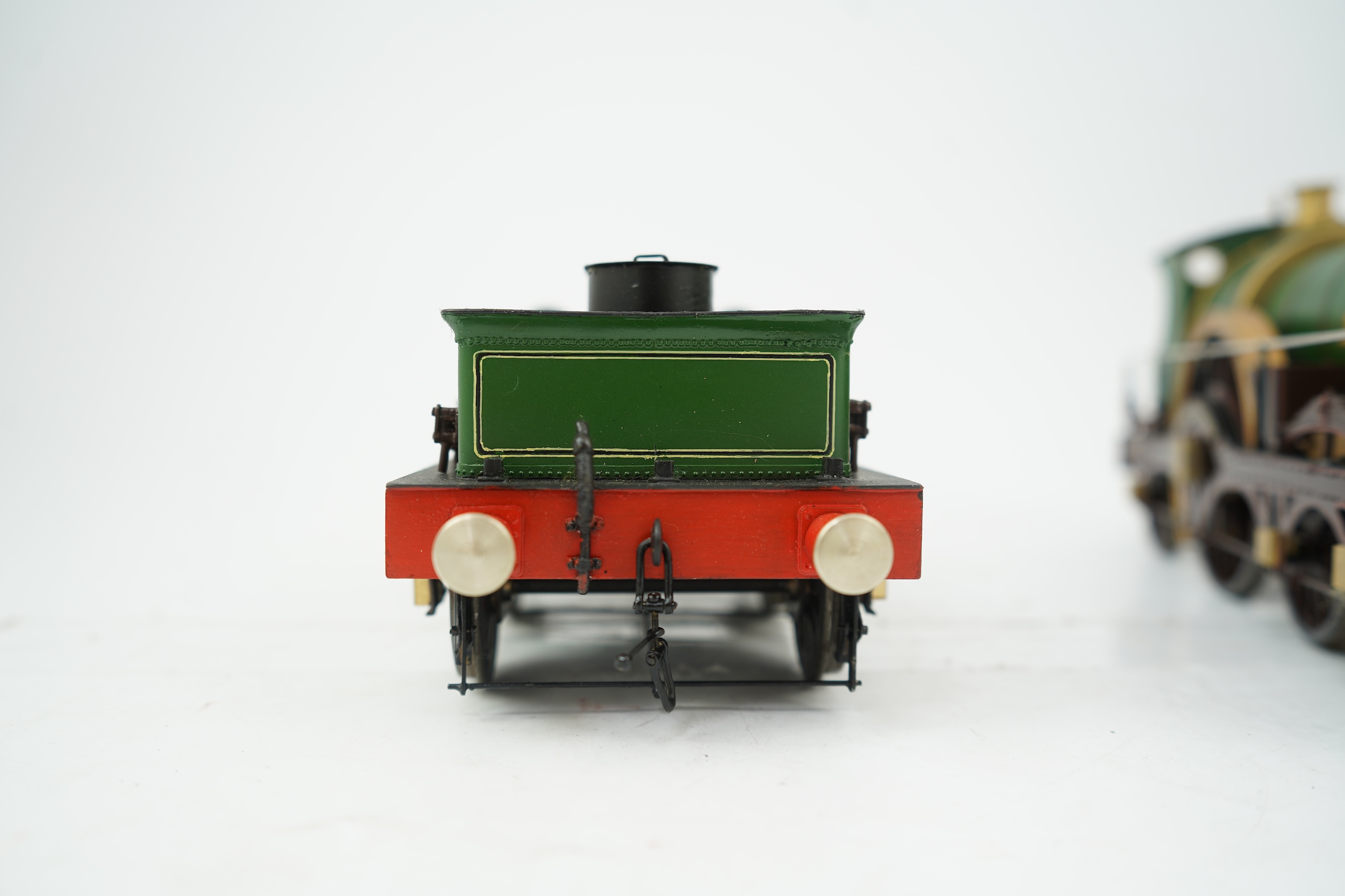 A ‘Gauge One’ kit/scratch built model of GWR broad gauge 4-2-2 tender locomotive Iron Duke scaled to run on 70mm track, unpowered and with a good level of detailing including the valve gear between the frames.